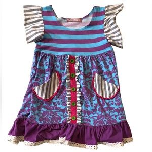 Jelly the Pug • Blue Hyacinth Stripe Dress  - 6X